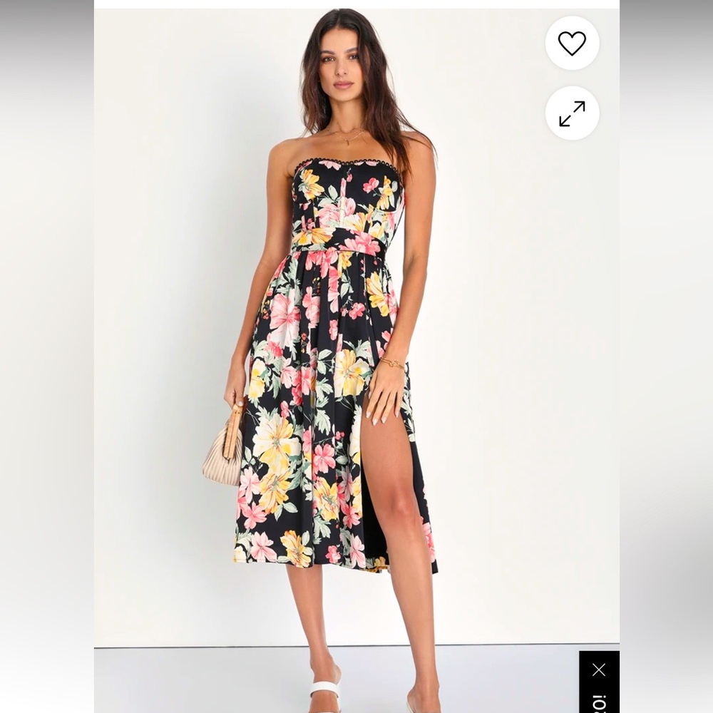 Symphony Black Floral Satin Strapless Bustier Dress With Pockets